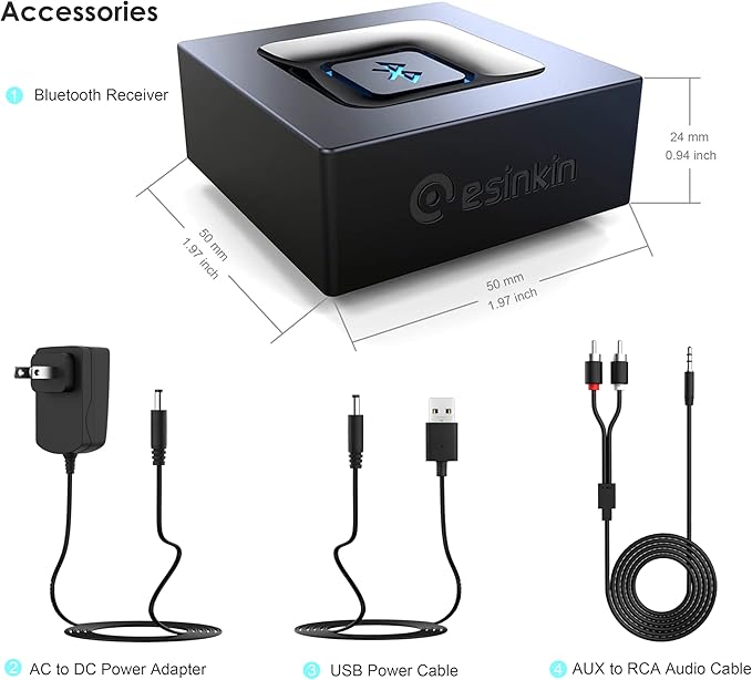 Bluetooth Audio Adapter for Music Streaming Sound System, Esinkin Wireless Audio Adapter Works with Smartphones and Tablets, Bluetooth Receiver for Home Stereo