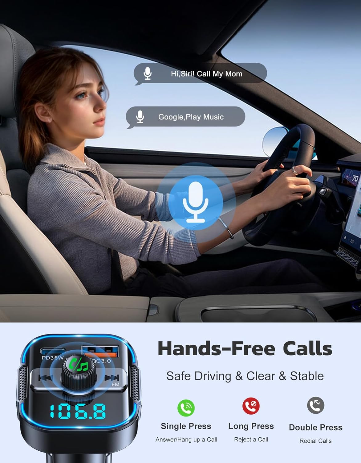 Bluetooth 5.3 Car Adapter【PD 36W+QC3.0 18W】, 2-in-1 FM Bluetooth Transmitter 【Dual Stronger Mics】& Fast Car Charger, Wireless FM Radio Adapter Hands-Free Calling, Siri Assistant, Black