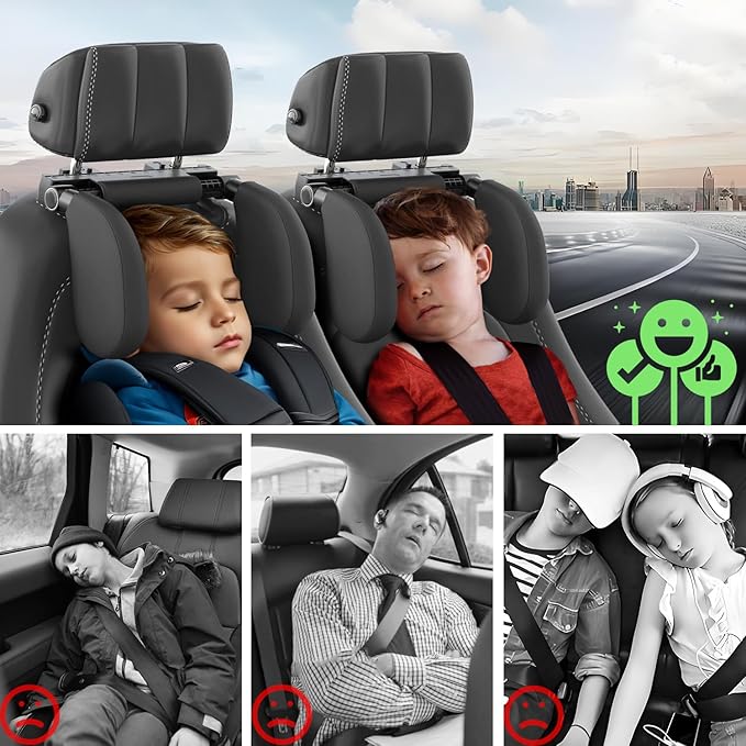 Car Headrest Pillow, Thickened Memory Foam Road Pal Headrest, Neck Support Pillow, 180° Adjustable Car Headrest, U- Shaped Design, Travel Car Sleeping,Suitable for Kids and Adults (Black)