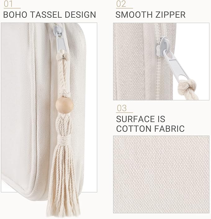 Mkono Electronics Organizer Travel Cable Cord Organizer Cotton Bag, Portable All-in-One Accessories Travel Essentials Storage Case with Tassel for Cable Charger Phone USB Pouch for Women, White