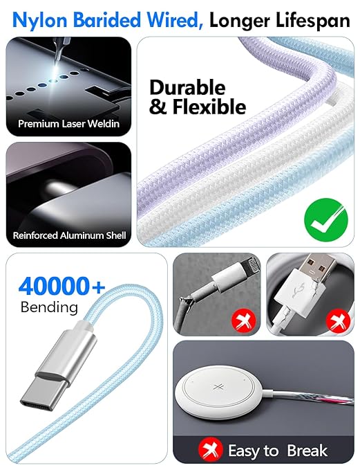 1Pack Multi Charging Cable Cord for Travel Essentials,Apple Watch Charger,iPhone Charger,[3-in-2] Type C/L Cable Portable Designed for iWatch,iPhone 17-8,Galaxy S25-21,AirPods,iPad-4FT Blue
