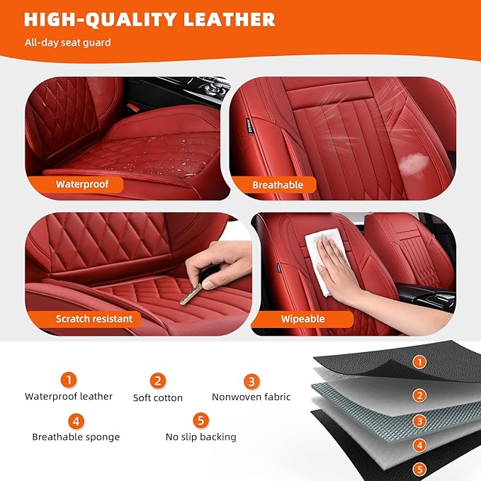 KEYOOG 5-Seater Waterproof and Breathable Nappa Leather Car Seat Covers Full Set, Fit for Front and Rear Seats of Cars, Compatible with Airbags, Car Seat Protector Covers for Most Cars - Wine red