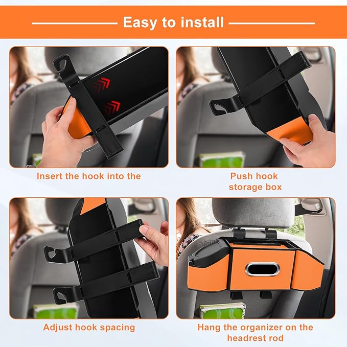 7-In-1 Car Seat Back Organizer with Cup Holders, Tissue Box, Garbage Can&Hooks, Multifunctional Headrest Storage Organizer, Headrest Cup Holder for Backseat, Car Accessories for Trips, Travels(Orange)