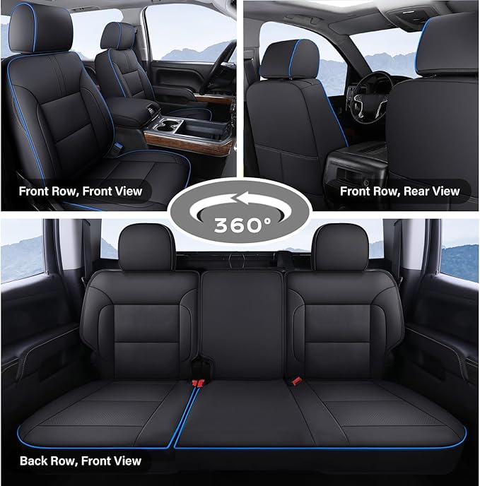 Coverado Silverado Seat Covers Full Set, Faux Leather Car Seat Covers Fit for Chevy Silverado GMC Sierra 2007-2013 & 2019-2026 1500, 2020-2026 2500HD 3500HD Crew Double Extended Cab(Blueline)