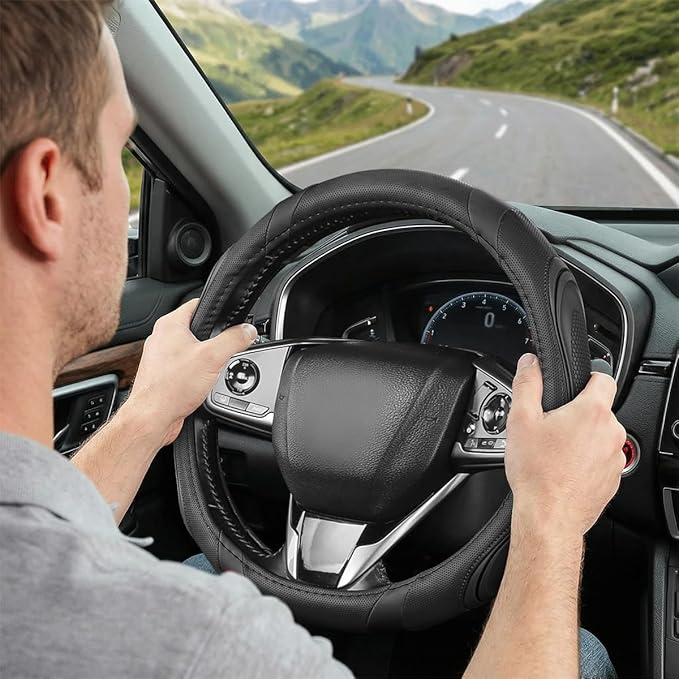 Car Steering Wheel Cover, Breathable Soft Leather Vehicle Wheel Cover Protector for Men Women, Non-Slip Automotive Interior Protection Accessories, Universal for Most Vehicles (Black)