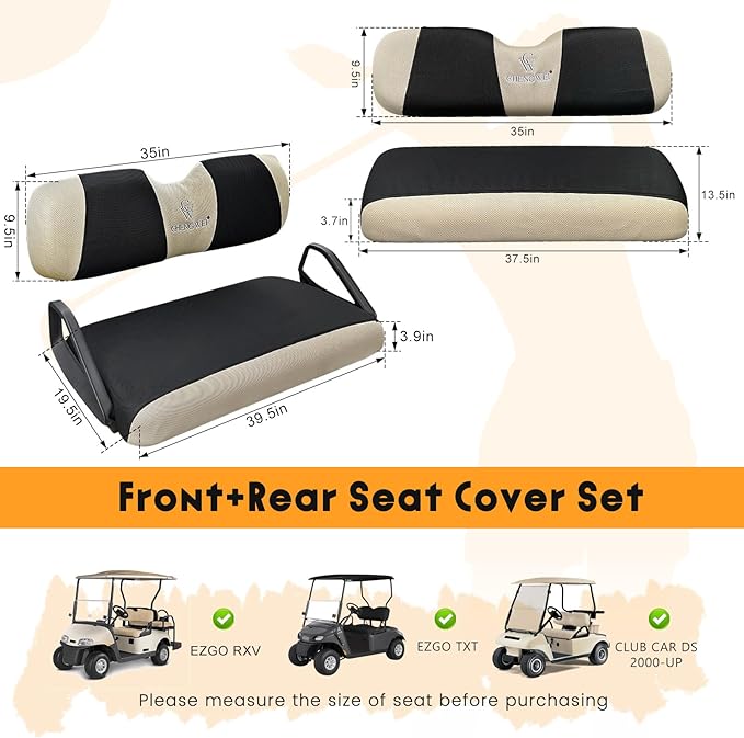 Golf Cart Seat Covers 2 Piece Front and Rear Seat Covers Sets for EZGO TXT RXV and Club Car DS 2000 and UP Standard Seat Cushion,Replacement Cooling Breathable Washable No Stapler Needed(Black&Beige)