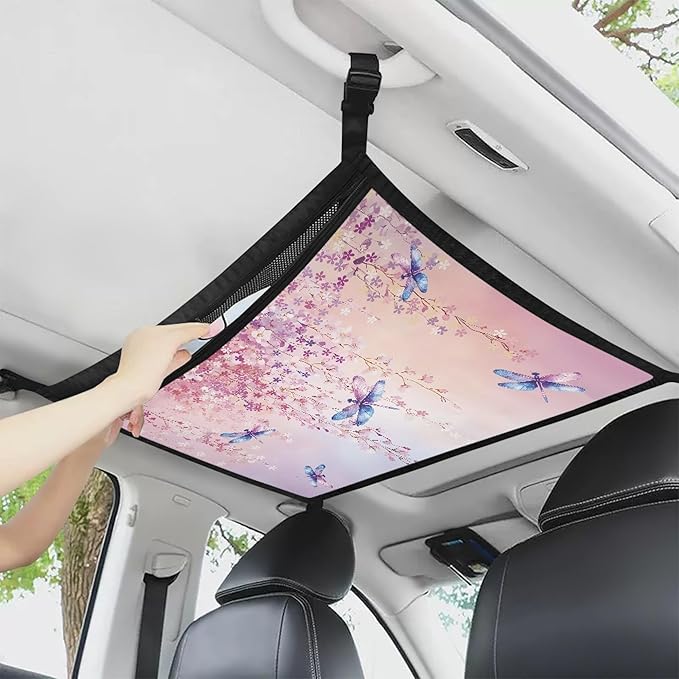 NDISTIN Dragonfly Car Ceiling Cargo Pocket Anti-Fall Cargo Net for Inside Car Roof Flowers SUV Sundries Storage Pouch Pink Mesh Cargo Net Car Travel Accessories Interior Decor
