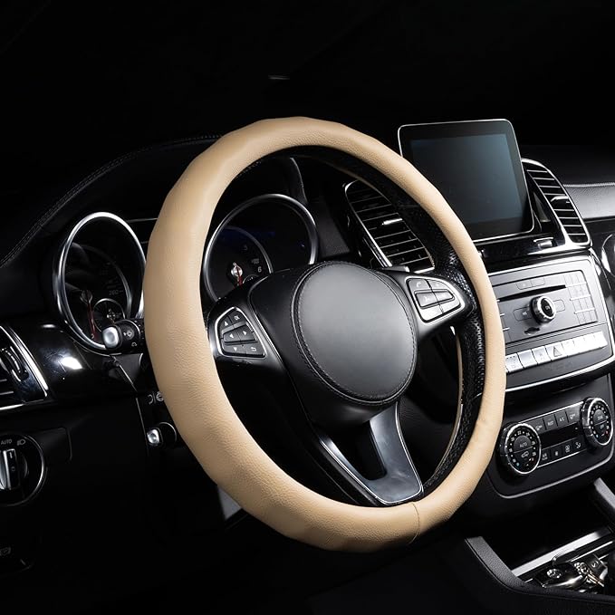Lord Autofashion Steering Wheel Cover – PU Leather, Non-Slip Rubber Inner, All-Season Comfort – 14.5–15 Inch (Beige 8399)