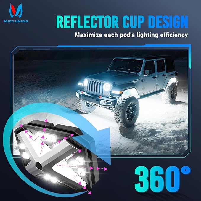 MICTUNING C4+ RGBW Rock Lights, 16 Pods 360° Ultra Bright Pure Color Underglow Neon Lights, Bluetooth APP Control & Music Mode, IP68 Waterproof, for Trucks Cars ATV UTV Golf Cart (2 Year Warranty)