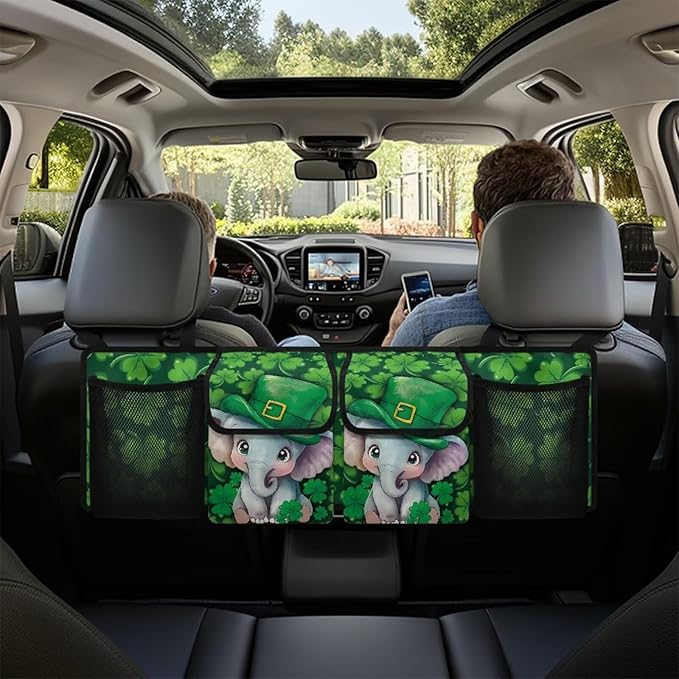 Cute Elephants Trunk Organizer St. Patrick Day Green Leaves Car Back Seat Organizer,4 Compartments,Backseat Hanging Organizer for Women Men