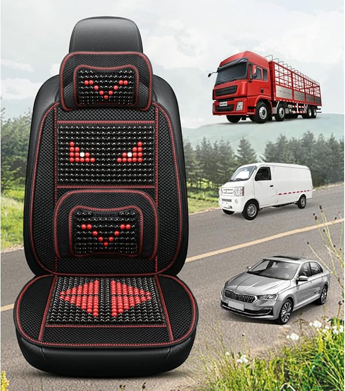 Natural Wood Beaded Seat Cover with Cooling Ventilated Mesh, Massage Seat Cushion with Lumbar Support for Car/Truck Driver