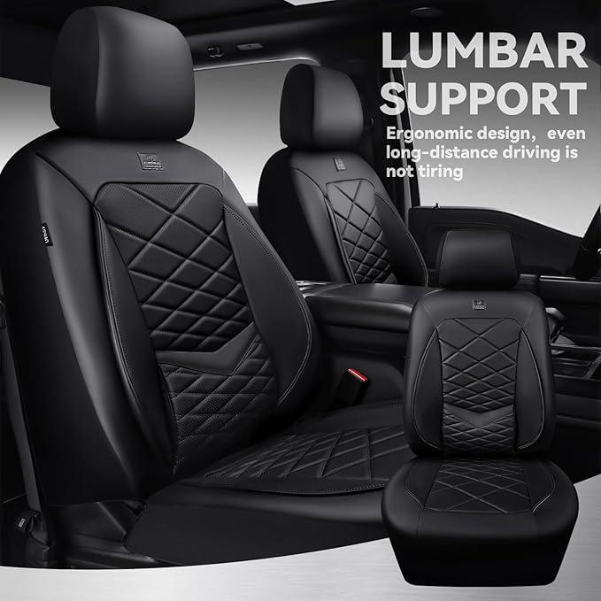 CAR PASS Luxury Nappa Leather Front Seat Covers, Waterproof 3D Foam Seat Covers with Lumbar Support, Breathable Auto Seat Cover Airbag Compatible Universal Fit for Sedan SUV Van Truck, All Black