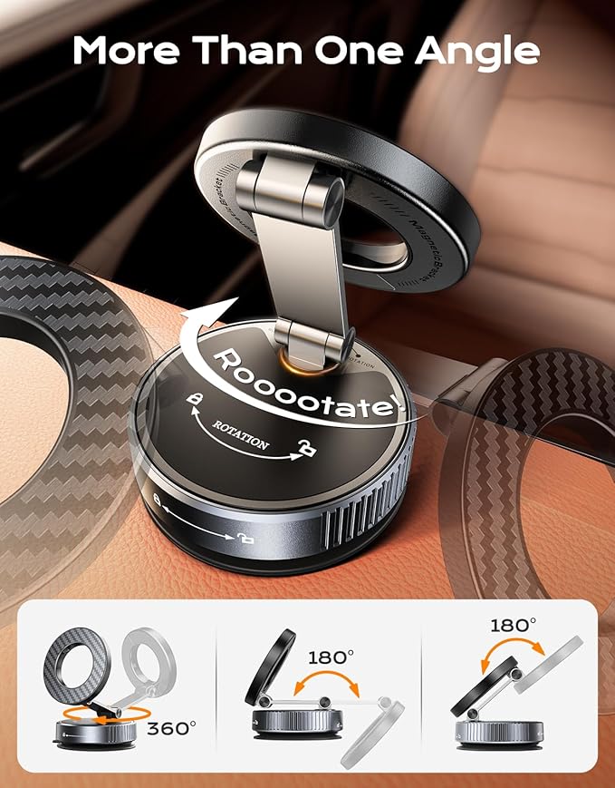 Viccux 2026 Upgraded Vacuum Magnetic Phone Holder for Car [89LB Vacuum Suction+2400GF Strong Magnetic] 360° Adjustable Car Phone Holder for MagSafe, Dashboard Suction Cup Phone Mount for iPhone 17/16