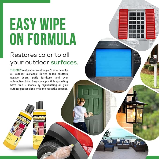 Wipe On | Advanced Color Restorer & Protectant for Faded Shutters | Plastic Car Trim | Patio Furniture & Outdoor Surfaces | Rejuvenate & Restore Vibrant Color to Weathered Items Easily