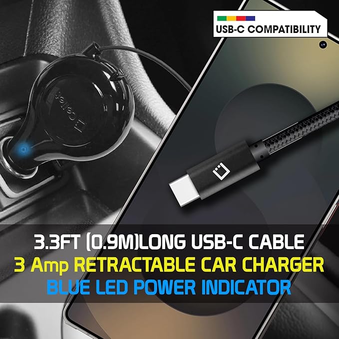 Cellet Retractable USB-C Car Charger – 15W Fast Charging, 3.3ft Cable, 3A Output, Blue LED Indicator – Compatible with Apple iPhone 15/16 Series & Samsung Android USB-C Devices – Compact, Tangle-Free