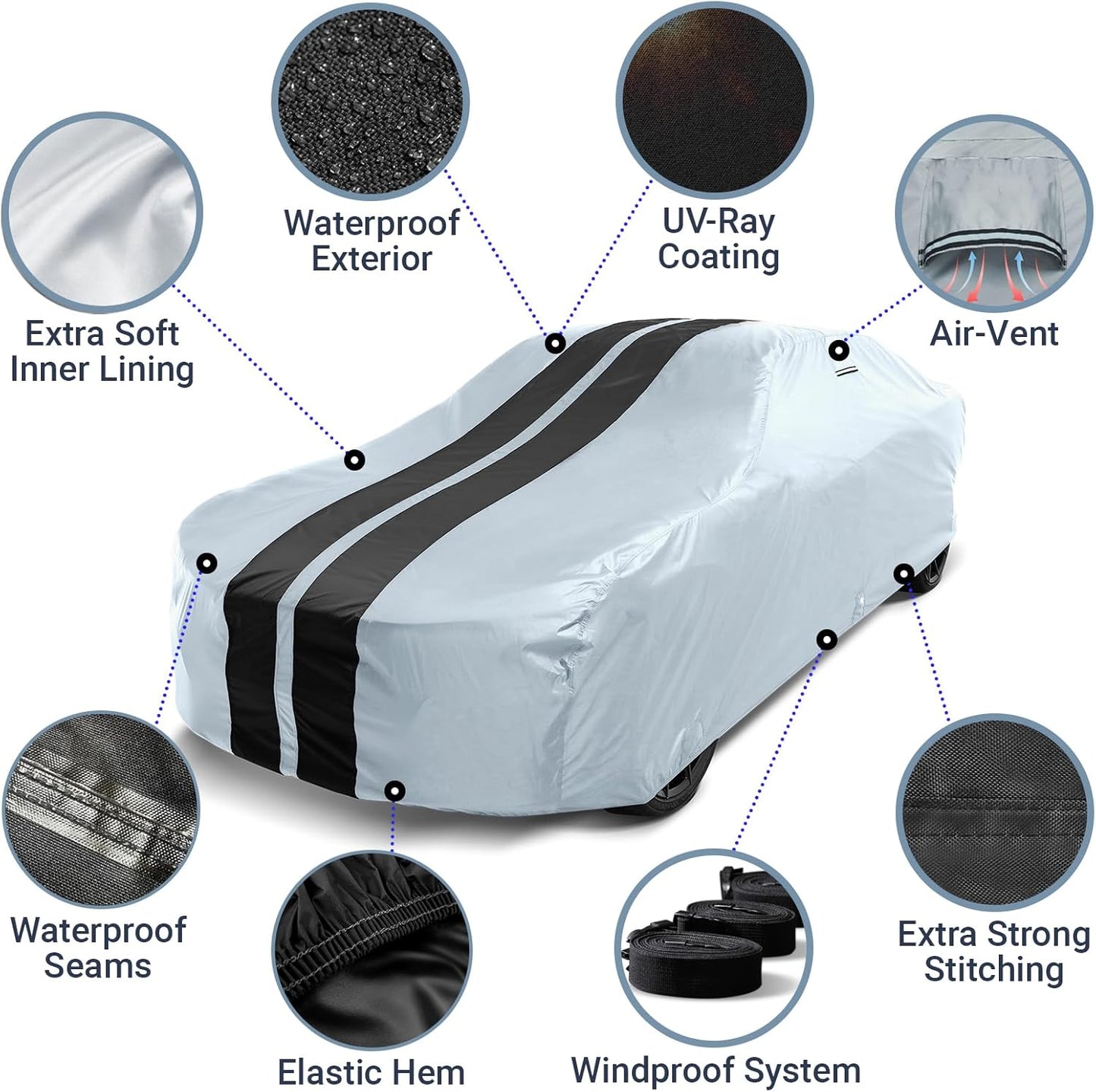 iCarCover Custom Car Cover for Buick Apollo (1973-1975) Waterproof All-Weather Rain Snow UV Sun Protector Full Exterior Indoor Outdoor Car Cover (Stripe - Gray/Black)