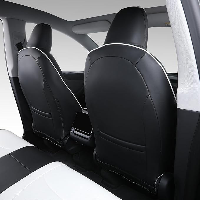 Custom Fit Seat Covers for 2025 2026 Tesla Model Y Juniper (5-Seater) - Ventilated Seats & Rear Screen Compatible - Nappa Leather Full Set Car Seat Protectors (Black+ White, Model Y 2025)