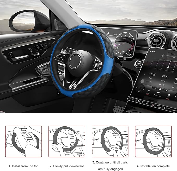 Car Steering Wheel Cover, 15 Inch Elastic Comfortable Auto Steering Wheel Protector, Anti-Slip Leather Wheel Cover Fashionable Interior Accessories for Most Cars Trucks SUVs (Blue)