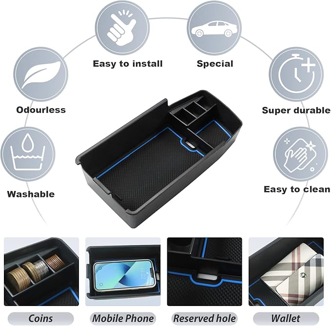 SKTU for 2022 2023 Chevrolet Bolt EUV EV Center Console Organizer Insert ABS Black Materials Tray Armrest Secondary Storage Box Latest 2023 Bolt EUV EV Accessories with Coin Holder (Blue)