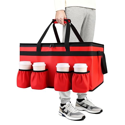 CIVJET Insulated Food Delivery Bag with 4 Cup Holders, XX-Large Insulated Grocery Bags Keep Food Hot/Cold, Cooler Bags with Drink Carrier, Food Carrier Catering Bag, Commercial Food Warmer Bag, Red