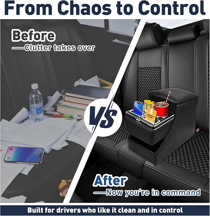 24L Center Console Between Seats for Minivans, SUVs & Trucks, 20"L x 9.65"W x 13.78"H Floor/Bench Seat Organizer with Locking Hidden Storage, Dual Cup Holders & Armrest, No-Drill Installation