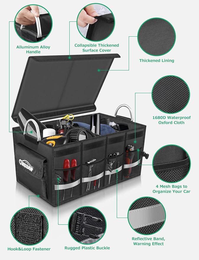 Oasser Trunk Organizer Cargo Organizer Trunk Storage Waterproof Collapsible Durable Multi Compartments with Foldable Hard Cover Aluminium Alloy Handle Reflective Strip (Large, Black)