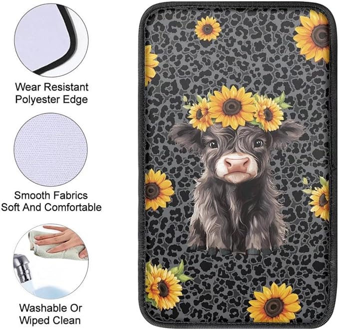 Dreaweet Black Leopard Print Center Console Cover Cute Sunflower Highland Cow Car Accessories for Women Arm Rest Cover for Truck Car SUV,Car Console Covers Soft Comfy Armrest Cover Cushion Pad