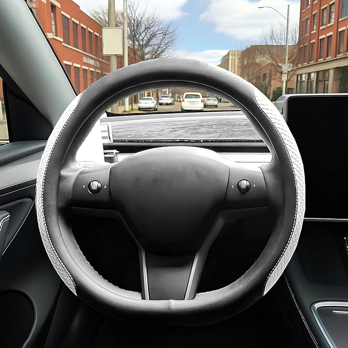 SEG Direct Flat Bottom Steering Wheel Cover, D Shaped Car Wheel Cover 14-14 1/4 in. (35.5-36 cm), for Tesla Model 3 / Y, for Camaro, Black White Embossed Microfiber Leather