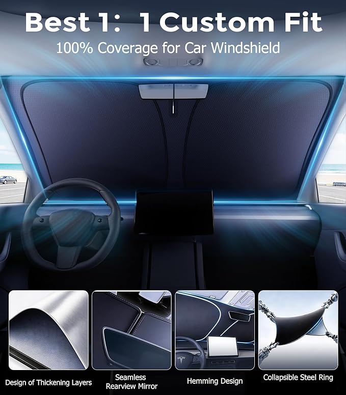 DMJN Windshield Sun Shade - Large, Car Sunshade for Front Windshield [100% Efficient Block UV & Scorching Sun] UPF50+ Heat Block - Protect Interior & Keep Cooler