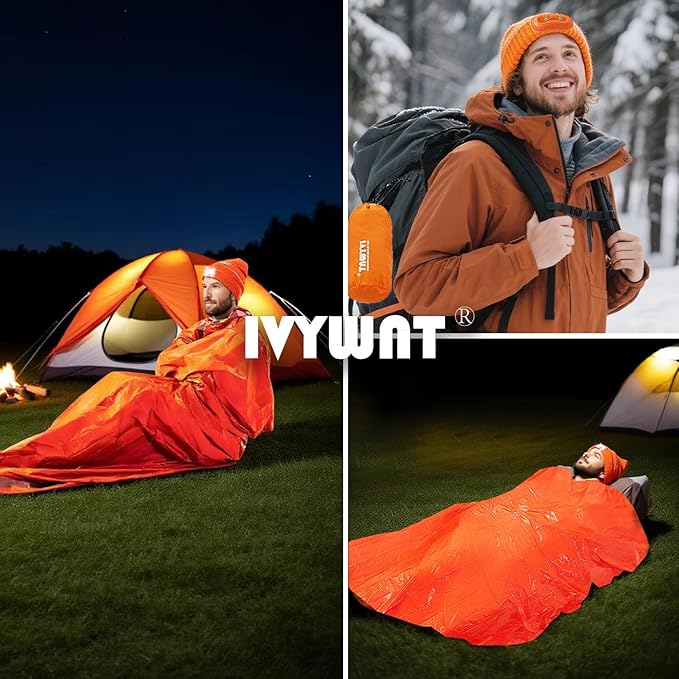 Emergency Sleeping Bag & LED Beanie Hat Set, Waterproof Thermal Mylar Bivy Sack, Portable Survival Gear for Hiking, Camping, Bug-Out Bags & Emergency Kits