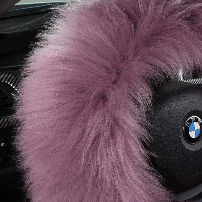 3Pcs Set Fashion Fluffy Fuzzy Wool Fur Soft Car Steering Wheel Cover with Handbrake Cover & Gear Shift Cover for Women/Girls/Ladies Auto Long Wool Accessories, White
