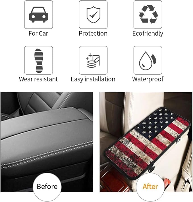 American Flag Center Console Cover Vintage Brown Red Black Armrest Cover Middle Console Covers Accessories Arm Rest Seat Box Covers Protector