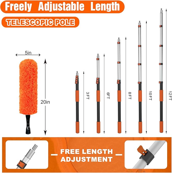 SISUPASSIE 20FT Reach High Ceiling Duster Kit, Window Cleaning kit with 3-12FT Extension Pole, Fan Duster for Ceiling Fan Blades, Microfiber Feather Duster, Rotatable Window Squeegee and Cobweb Duster