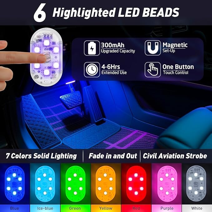 4Pcs Car LED Lights Interior Wireless, 7 Colors Interior Car Lights with 6 Bright LED Lamp Beads, Portable USB Rechargeable Car Interior Led Night Light for Car Decor