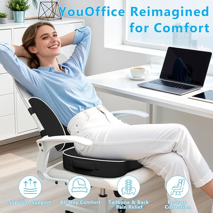 Memory Foam Seat Cushion & Lumbar Support Pillow Set – Extra Large Orthopedic Cushion for Office Chair, Car, Home. Enhanced Comfort & Tailbone Relief for Long Sitting Hour Black/X-Large