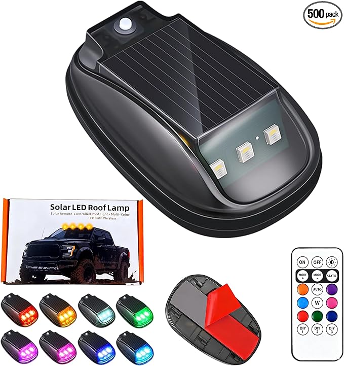 Solar-Powered Car Roof Light – Waterproof, Remote Control & Easy Installation, Solar Car Roof Light Kit, 8 Colors Wireless LED Strobe Lights with Remote Control for Trucks, Motorcycle, Vehicle (1pc)