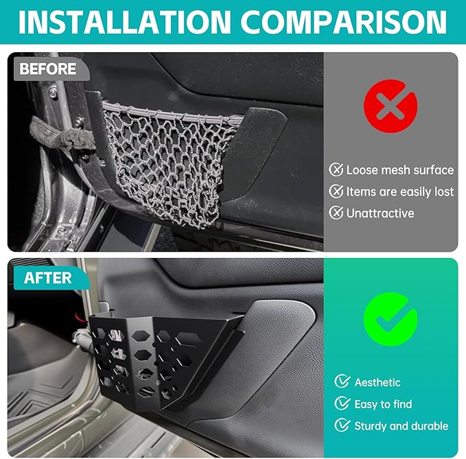 Front Door Pocket Cup Holder Organizer Compatible with 2007-2018 Jeep Wangler JK JKU Rubicon Sahara Accessories, Metal Door Side Insert Storage Box Expansion Accessories Replace Sagging Net