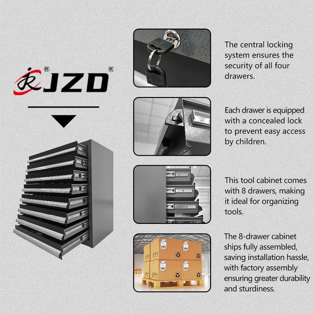 JZD Steel Garage Storage Cabinet System with Workbench, Included One Tool Cart, for Utility Room Workshop