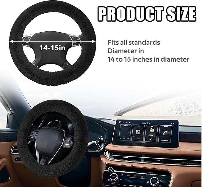 Wuyaoyao Fuzzy Car Steering Wheel Cover, 15'' Soft Auto Steering Wheel Protector for Warm Winter, Elastic Anti-Slip Fluffy Wheel Covers, Car Accessories for Women and Men (Black)