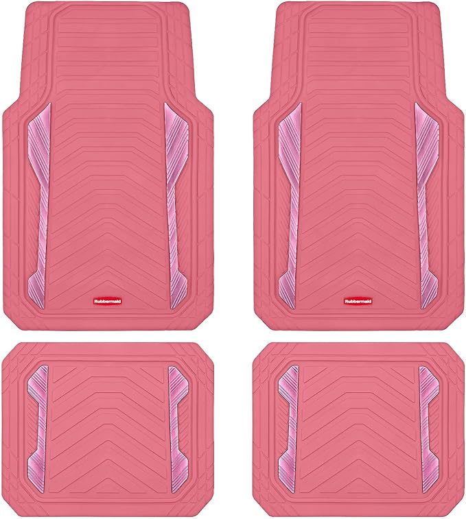 Rubbermaid Car Floor Mat, Heavy Duty All-Weather Car Mats Full Set with Dual-Tone Pink and Sliver Aluminum Inserts – Universal Fit, Anti-Slip Backing, Trim-to-Fit for Most SUV, Sedan, Van