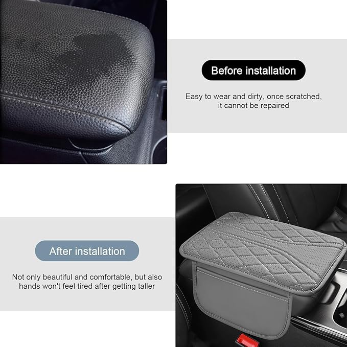 Car Center Console Cover, Leather Auto Armrest Cover with 2 Storage Bags, Universal Cars Armrest Cushion, Vehicle Interior Accessories Protector for Sedan, SUV, Truck (Gray)