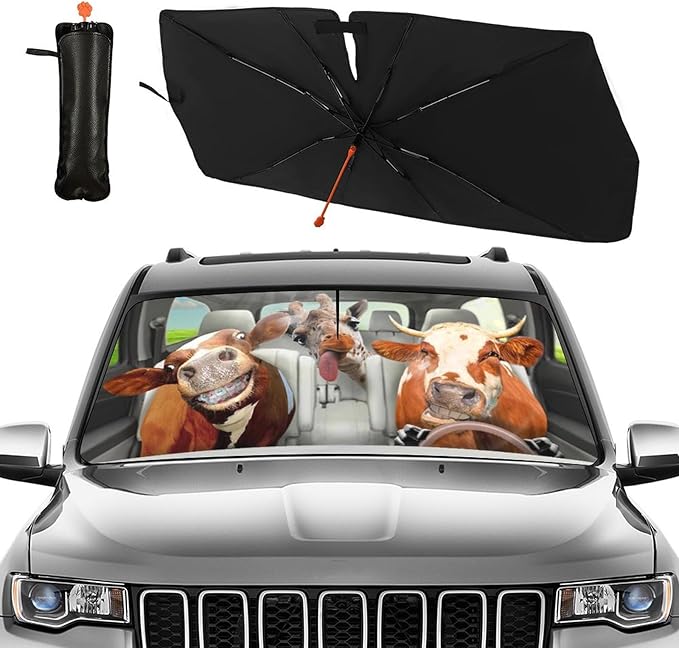Fun Cow Driving Car Sunshade Umbrella Cow Print Windshield Sun Shade for Car Retractable Umbrella Sunshades for Front Window Fun Cows Driving Sun Shades Cover Visor Portector Block UV Rays