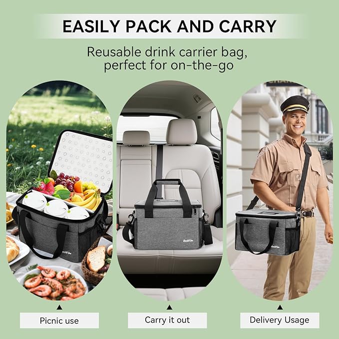 6 Cups Drink Carrier for Delivery, Reusable Cup Holder with Handle, Insulated Collapsible Drink Carrier, Adjustable Dividers, Shoulder Strap, Portable Cooler Tote Bag for Delivery, Travel, Car (Grey)