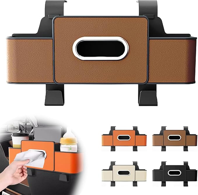Car Back Seat Organizer, Multifunctional Car Seat Back Storage Box with 2 Cup Holders, Tissue Box for Hold Phones,Snacks, Drinks, Handbags (Brown)