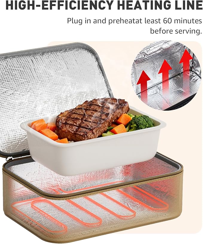Portable Food Warmer - Heated Lunch Box for Adluts - Electric Thermal Lunch Bag with Buckle Handle, Heating Food Warmer Bags for 12V/24V Car & Truck, 110V/220V Home/Office, Khaki