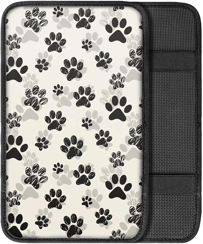 Dreaweet Black Dog Paw Print Car Center Console Cover for Women Cute Car Armrest Cover Center Console Cushion Pad Soft Comfy Arm Rest Cover for Car Truck SUV Van