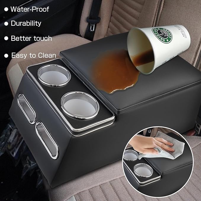 Center Console Organizer Armrest Storage Box with Cup and Phone Holder for Car & Van & Truck Floor Cab Back Bench Seat Black