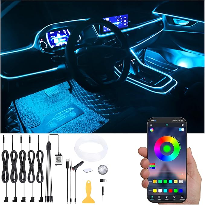 Car Atmosphere Light Kit 6m Fiber Optic RGB Multicolor Sound Active Music Sync Memory Function Bluetooth APP Control 64 Colors USB Car Interior Ambient Lighting Kit DC 12V