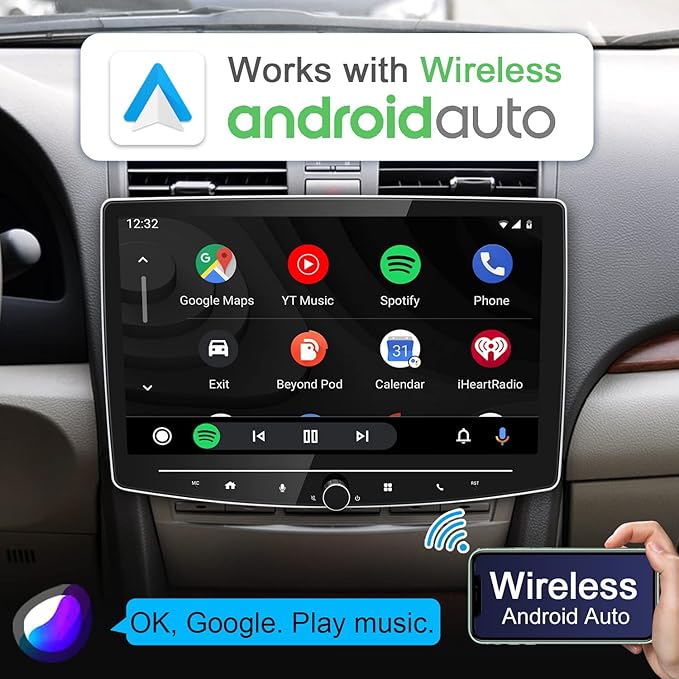 Double Din Car Stereo Wireless Apple CarPlay Android Auto,10 in Android Car Radio Head Unit with QLED Touchscreen, Bluetooth,WiFi, GPS Navigation, FM/USB/SWC/AUX/Subwoofer