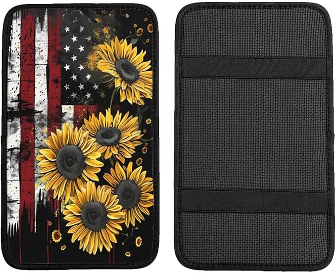 American Flag Sunflower Car Center Console Cushion Pad Rustic Flower Yellow Arm Rest Covers Universal Armrest Seat Box Cover Protector Comfortable Cars Decor Accessories